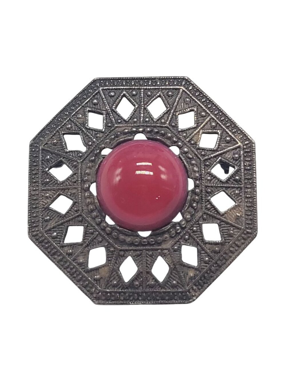 Vtg Octagonal Miracle Brooch With Red Glass Cabochon Openwork Metal Scottish